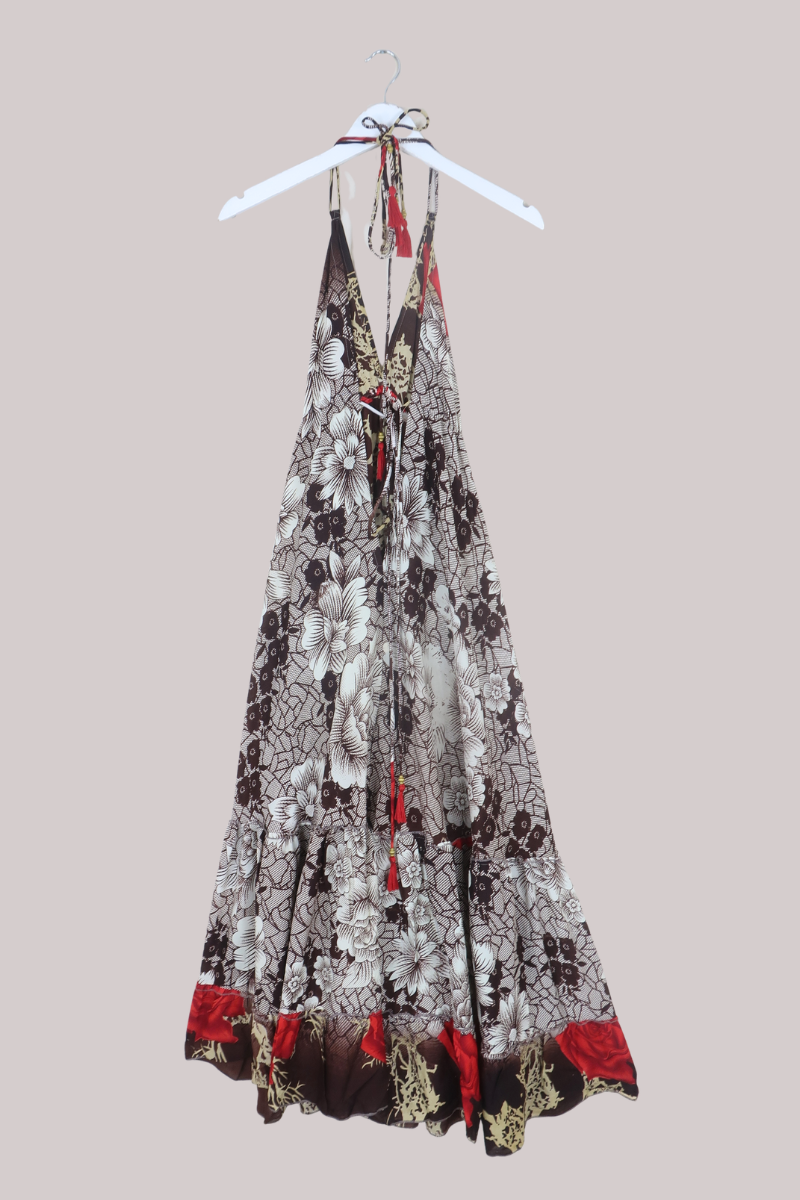 Blossom Halter Maxi Dress in Cocoa & Red Roses - Free Size XL/XXL