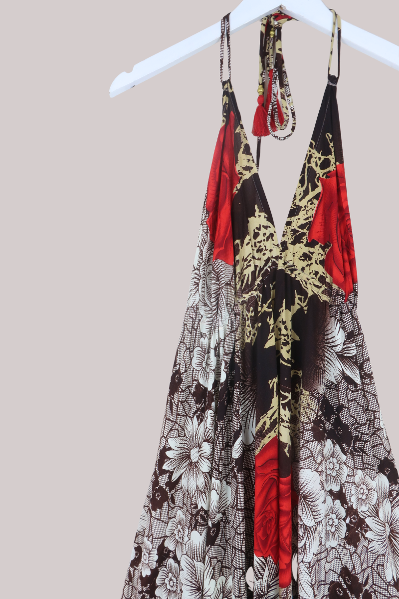 Blossom Halter Maxi Dress in Cocoa & Red Roses - Free Size XL/XXL