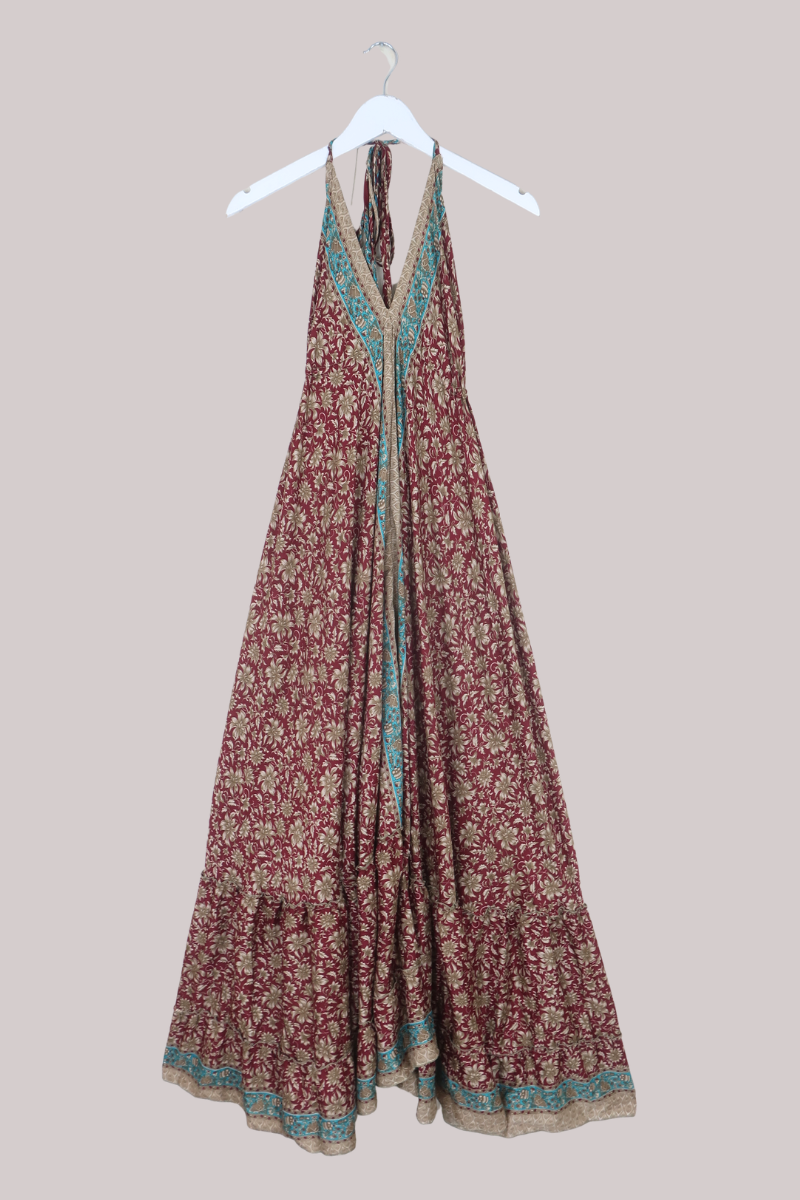 Blossom Halter Maxi Dress in Crimson & Pewter - Free Size M/L