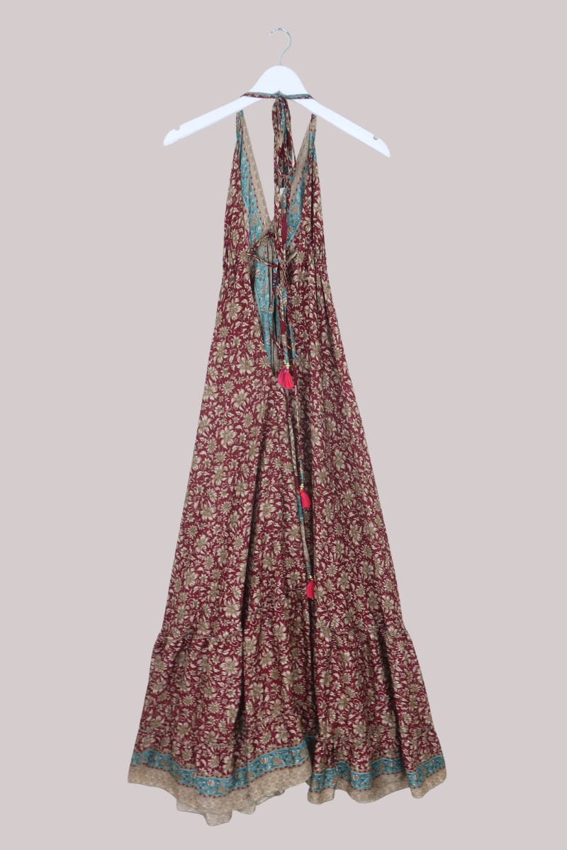 Blossom Halter Maxi Dress in Crimson & Pewter - Free Size M/L