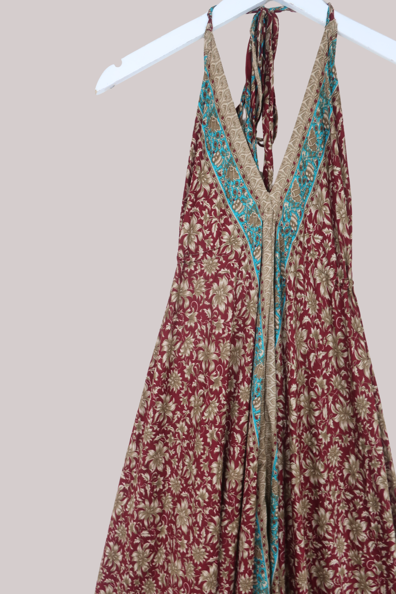 Blossom Halter Maxi Dress in Crimson & Pewter - Free Size M/L