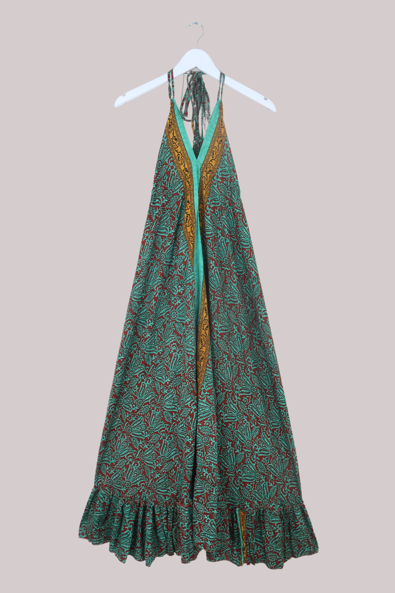 Blossom Halter Maxi Dress in Forest Green & Crimson - Free Size XL/XXL