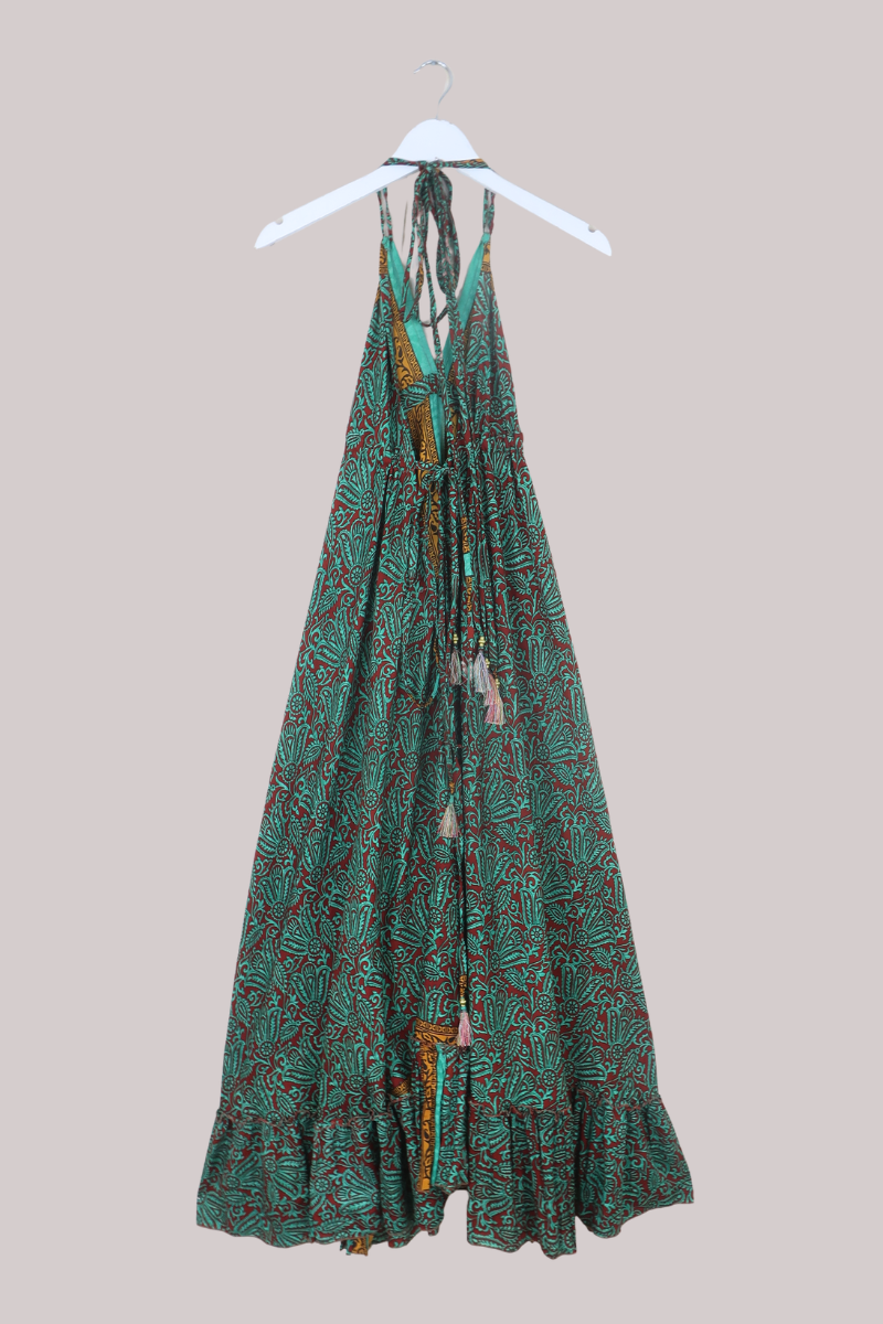 Blossom Halter Maxi Dress in Forest Green & Crimson - Free Size XL/XXL