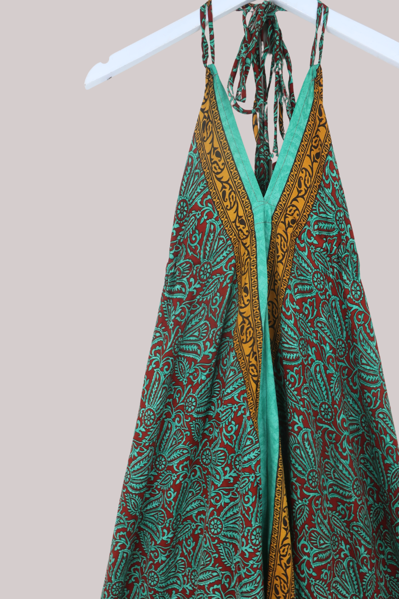 Blossom Halter Maxi Dress in Forest Green & Crimson - Free Size XL/XXL