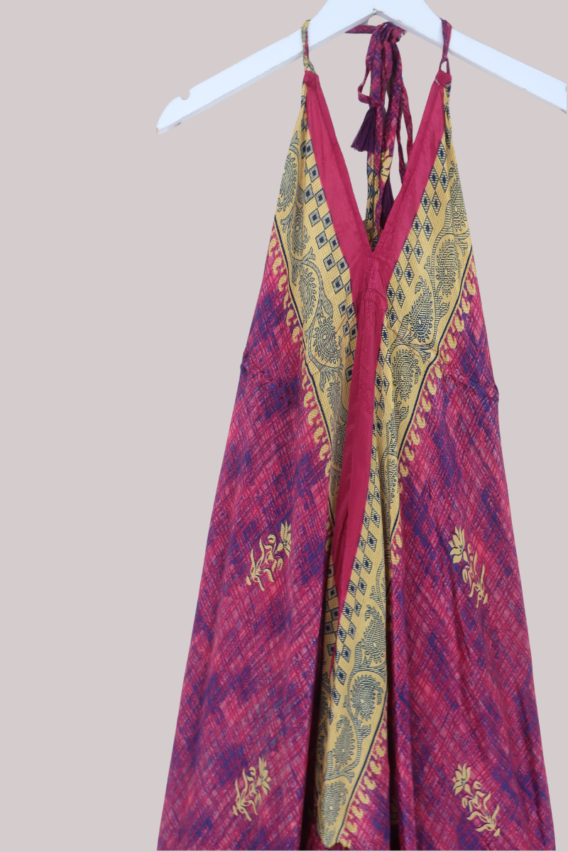 Blossom Halter Midi Dress in Abstract Magenta - Free Size L/XL
