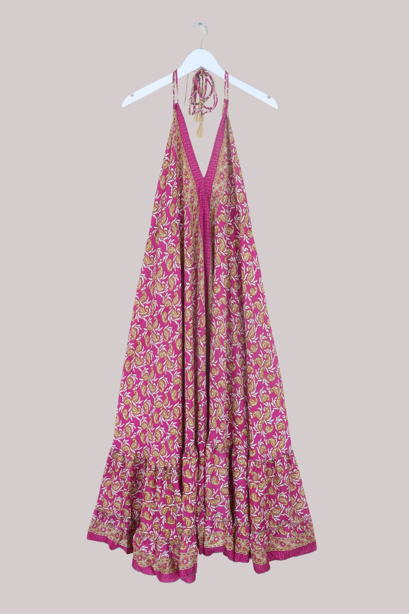 Blossom Halter Maxi Dress in Magenta Gold Paisley - Free Size S/M