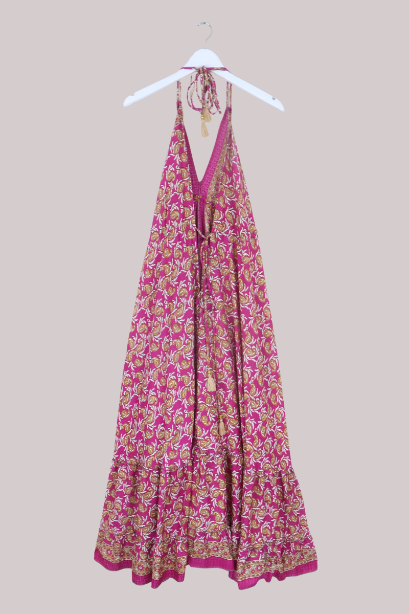 Blossom Halter Maxi Dress in Magenta Gold Paisley - Free Size S/M