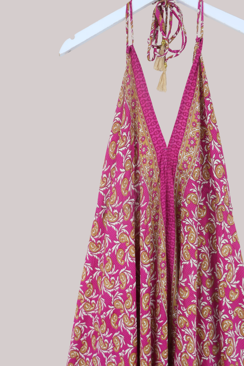 Blossom Halter Maxi Dress in Magenta Gold Paisley - Free Size S/M