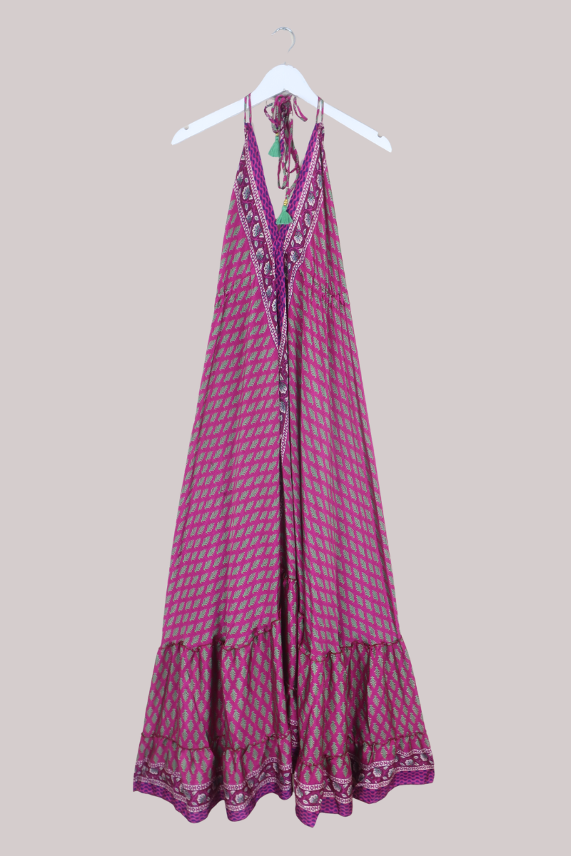 Blossom Halter Maxi Dress in Hot Magenta & Green - Free Size XL