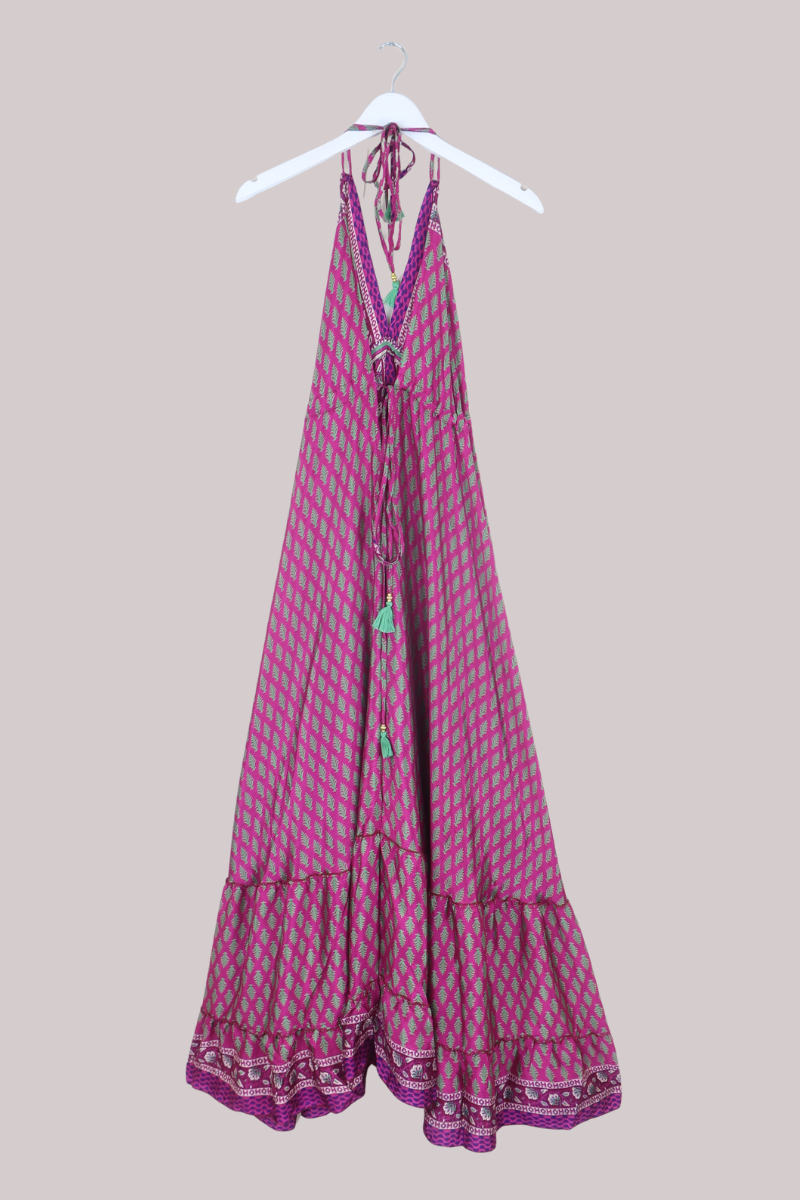 Blossom Halter Maxi Dress in Hot Magenta & Green - Free Size XL