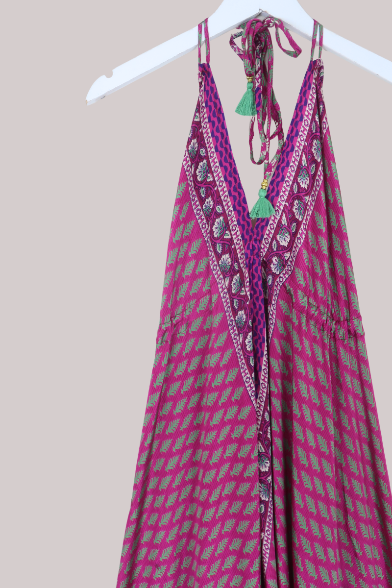 Blossom Halter Maxi Dress in Hot Magenta & Green - Free Size XL