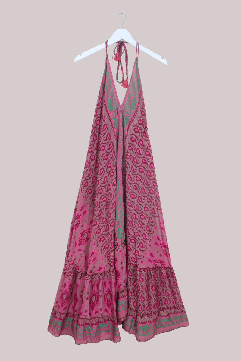 Blossom Halter Maxi Dress in Flamingo & Emerald Paisley - Free Size L