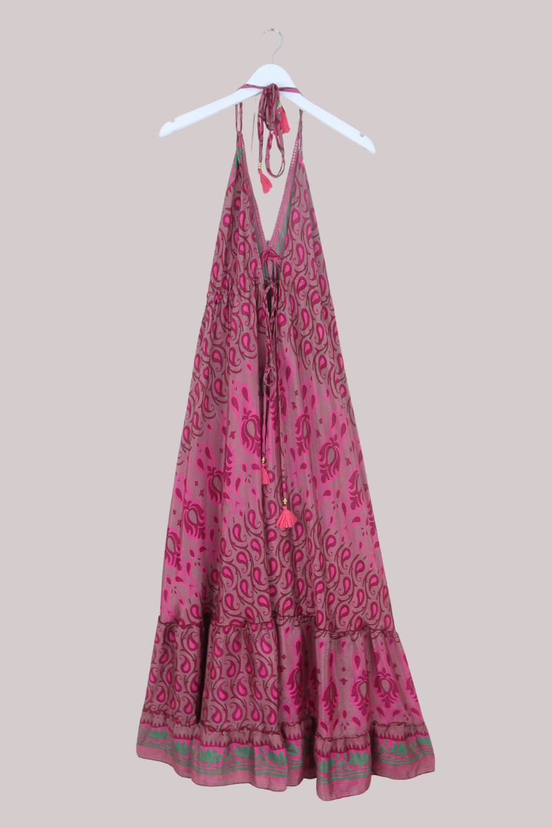 Blossom Halter Maxi Dress in Flamingo & Emerald Paisley - Free Size L