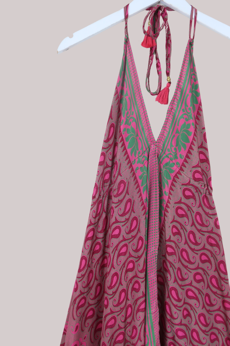 Blossom Halter Maxi Dress in Flamingo & Emerald Paisley - Free Size L