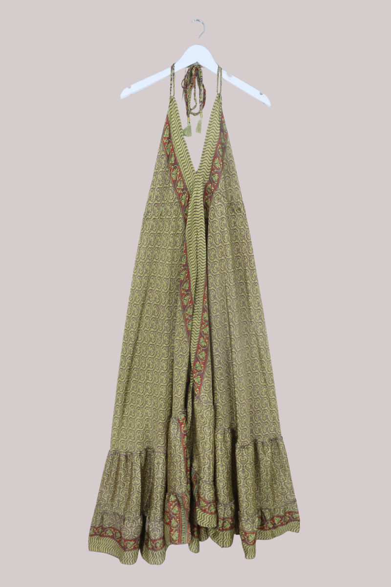 Blossom Halter Maxi Dress in Olive & Taupe - Free Size L/XL