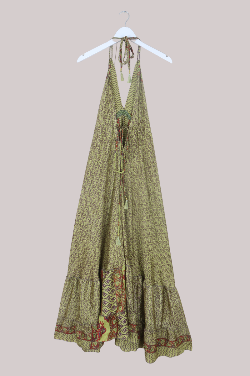 Blossom Halter Maxi Dress in Olive & Taupe - Free Size M/L