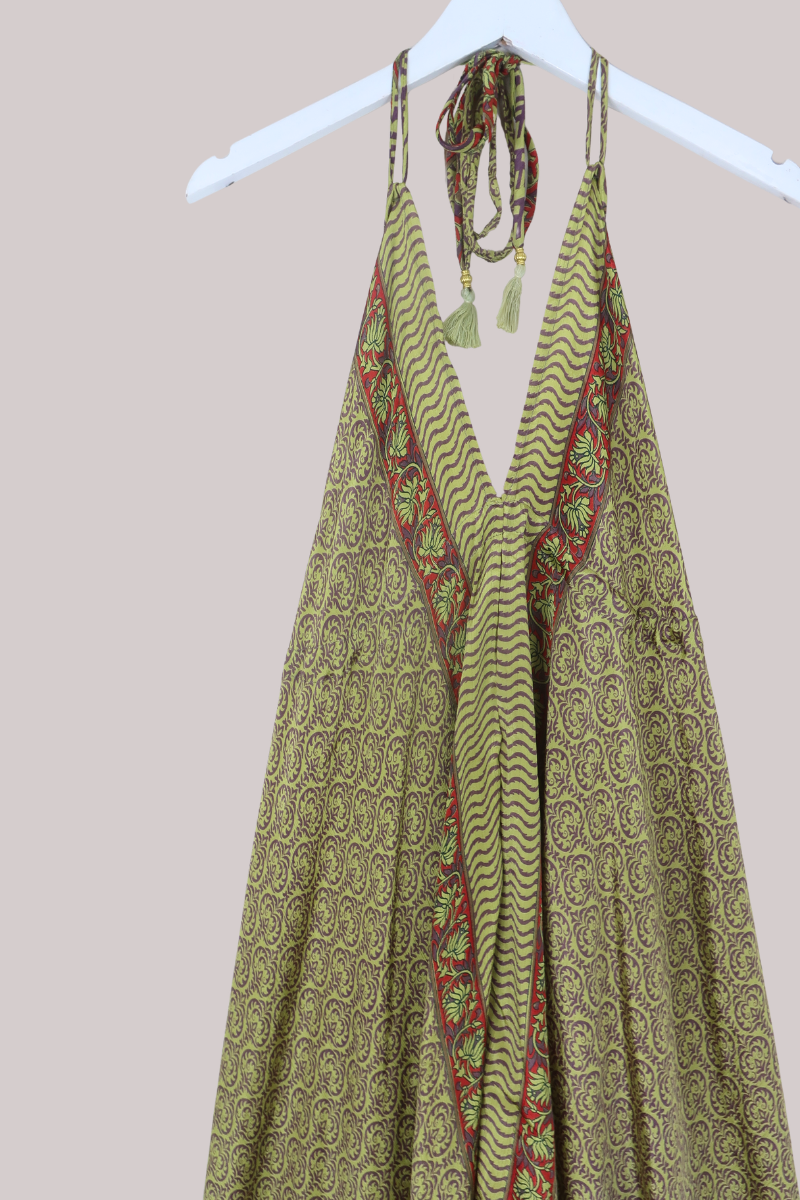 Blossom Halter Maxi Dress in Olive & Taupe - Free Size M/L