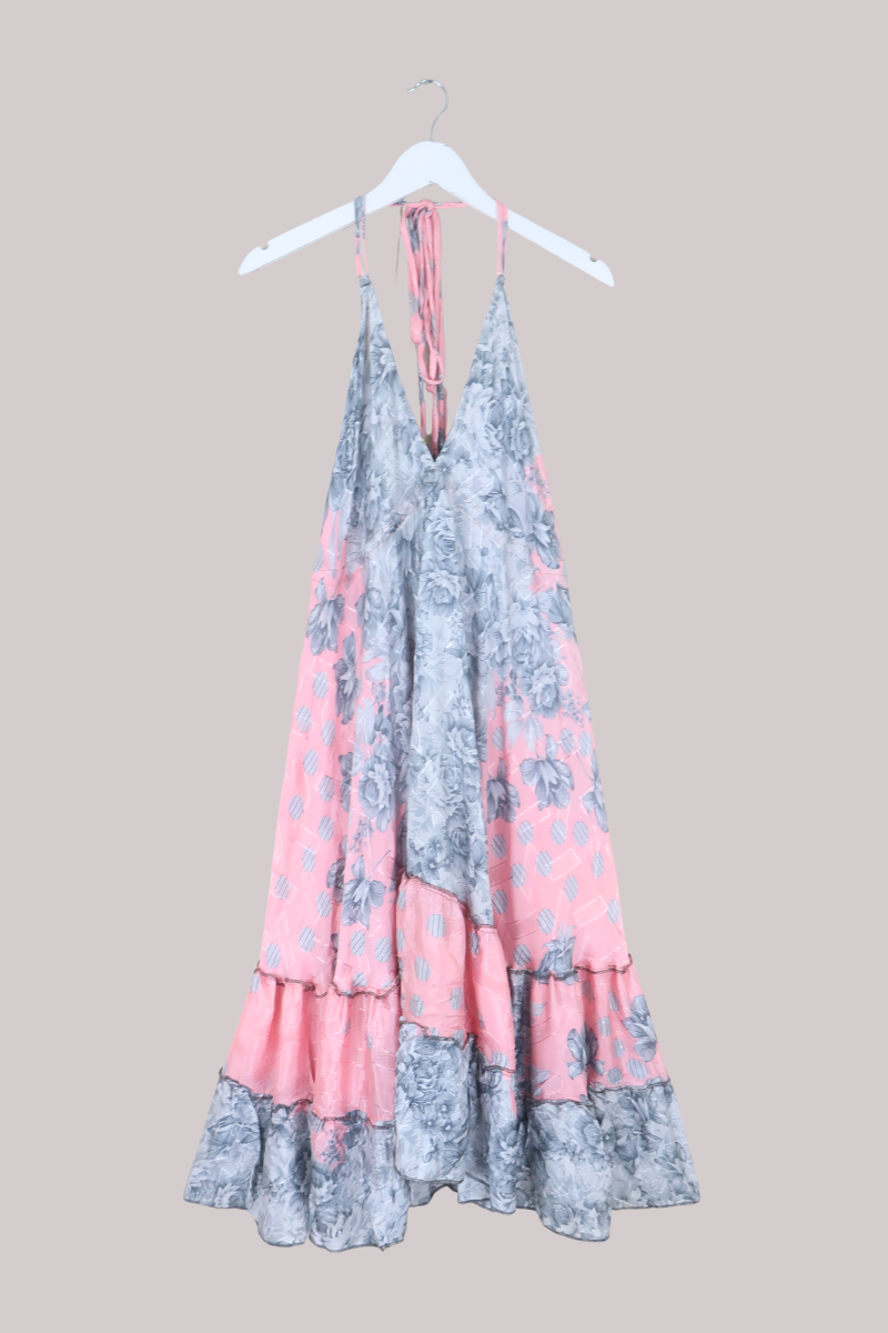 Blossom Halter Midi Dress in Pink & Grayscale Florals - Free Size L/XL