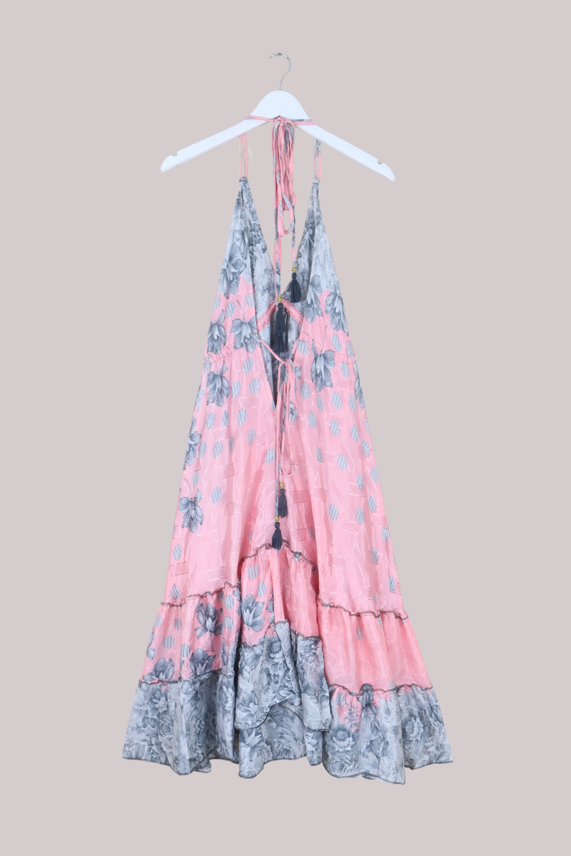 Blossom Halter Midi Dress in Pink & Grayscale Florals - Free Size L/XL