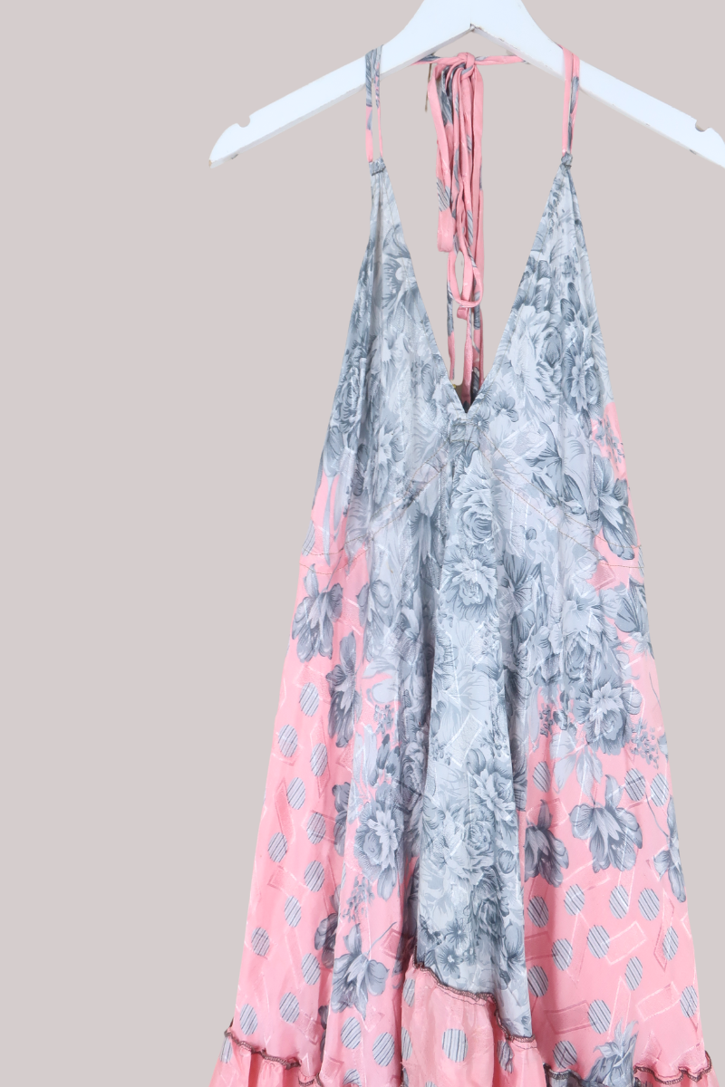 Blossom Halter Midi Dress in Pink & Grayscale Florals - Free Size L/XL