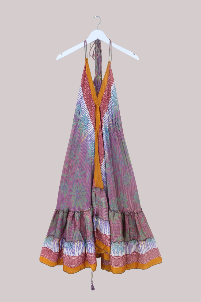 Blossom Halter Midi Dress in Abstract Tangerine & Plum - Free Size L/XL