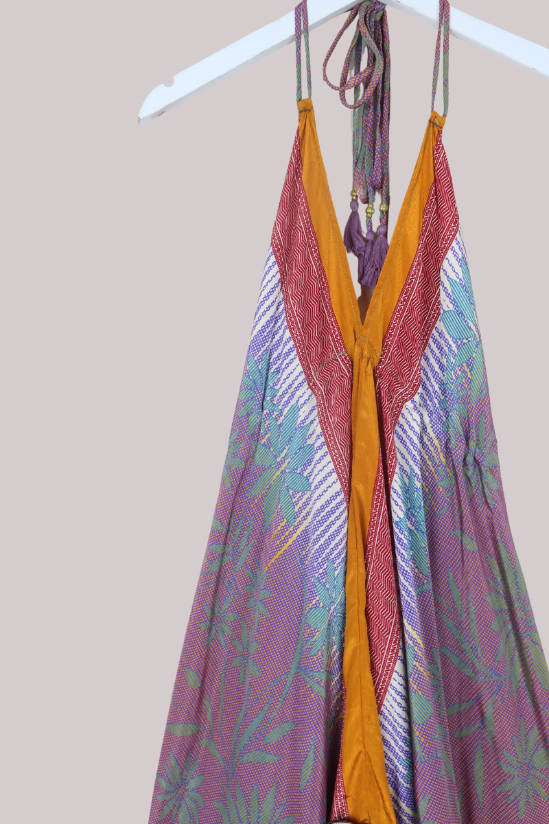 Blossom Halter Midi Dress in Abstract Tangerine & Plum - Free Size L/XL