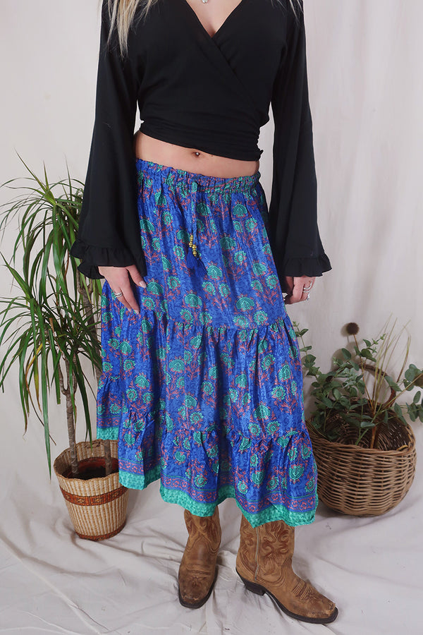Rosie Midi Skirt - Vintage Indian Sari - Egyptian Blue Floral - Free Size by All About Audrey