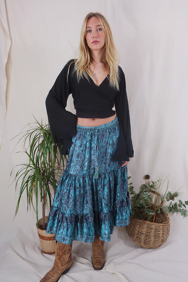 Rosie Midi Skirt - Vintage Indian Sari - Sea Blue & Slate Floral - Free Size by All About Audrey