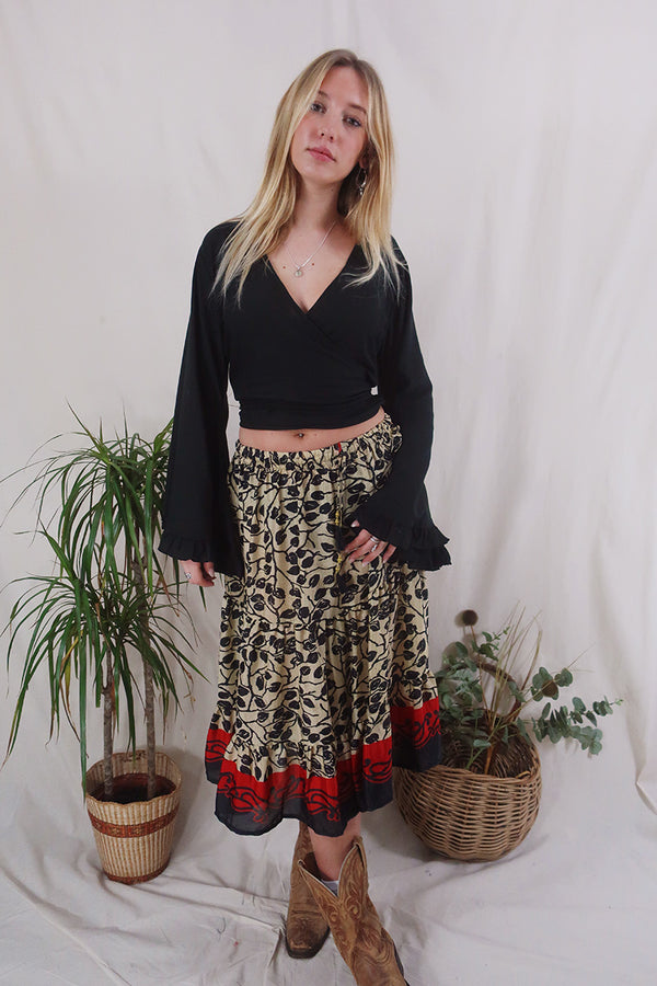 Rosie Midi Skirt - Vintage Indian Sari - Gold & Black Leaves - Free Size by All About Audrey