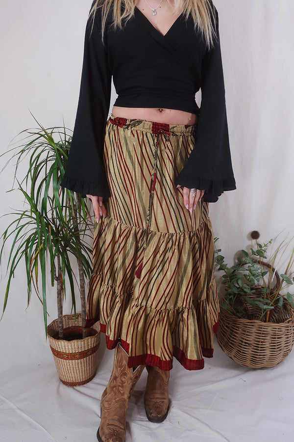 Rosie Midi Skirt - Vintage Indian Sari - Gold & Garnet Stripe - Free Size by All About Audrey