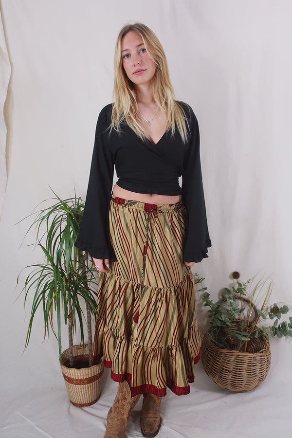 Rosie Midi Skirt - Vintage Indian Sari - Gold & Garnet Stripe - Free Size by All About Audrey