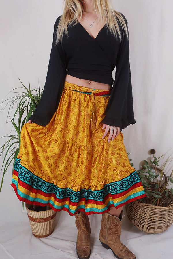 Rosie Midi Skirt - Vintage Indian Sari - Saffron Yellow Shimmer - Free Size by All About Audrey