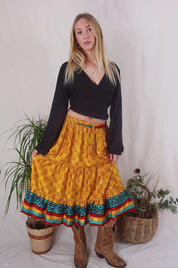Rosie Midi Skirt - Vintage Indian Sari - Saffron Yellow Shimmer - Free Size by All About Audrey