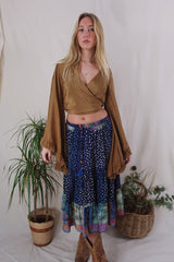 Rosie Midi Skirt - Vintage Indian Sari - Indigo Dotty Floral - Free Size by All About Audrey
