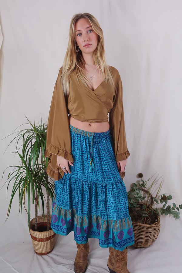 Rosie Midi Skirt - Vintage Indian Sari - Aztec Turquoise - Free Size by All About Audrey