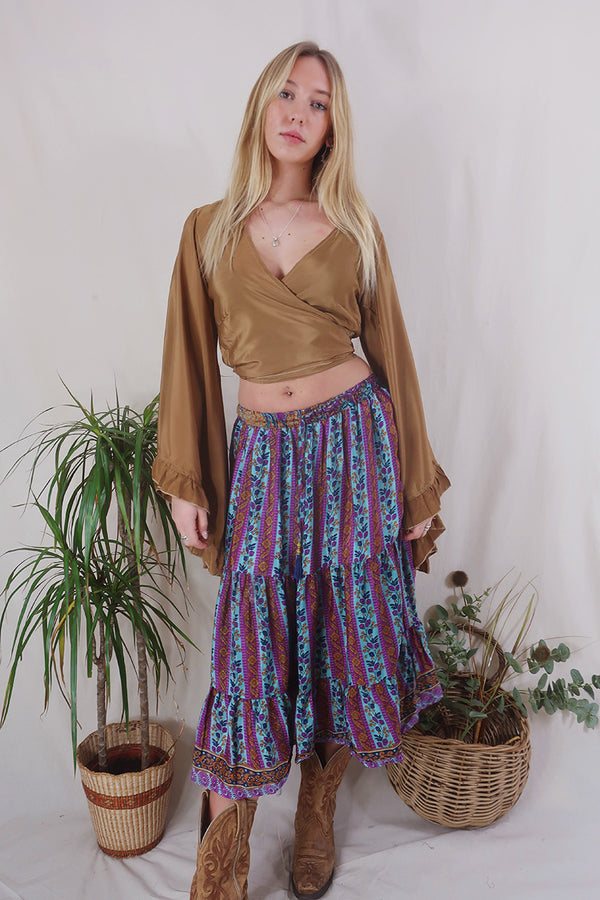 Rosie Midi Skirt - Vintage Indian Sari - Aqua, Magenta & Amber Floral - Free Size by All About Audrey