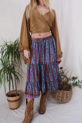 Rosie Midi Skirt - Vintage Indian Sari - Aqua, Magenta & Amber Floral - Free Size by All About Audrey