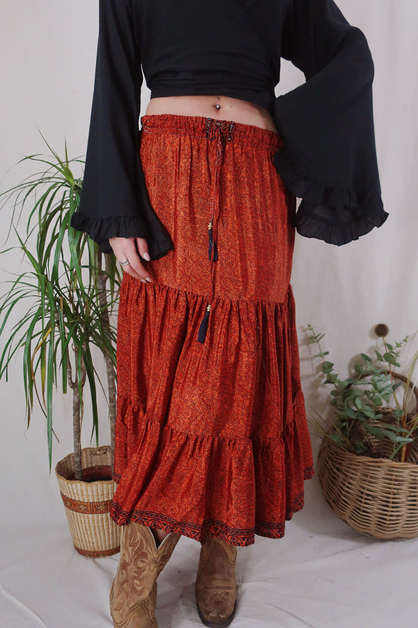 Rosie Midi Skirt - Vintage Indian Sari - Terracotta Tribal - Free Size by All About Audrey