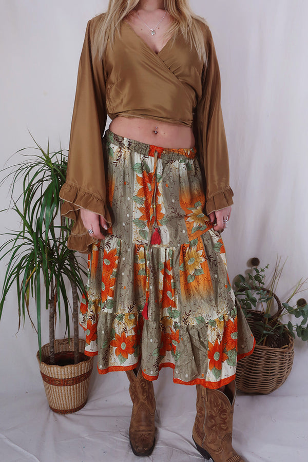 Rosie Midi Skirt - Vintage Indian Sari - Orange & Silver Birch - Free Size by All About Audrey