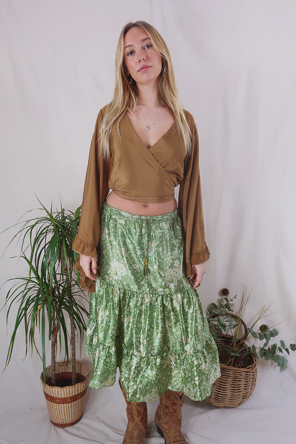 Rosie Midi Skirt - Vintage Indian Sari - Spring Green Delicate Floral - Free Size by All About Audrey