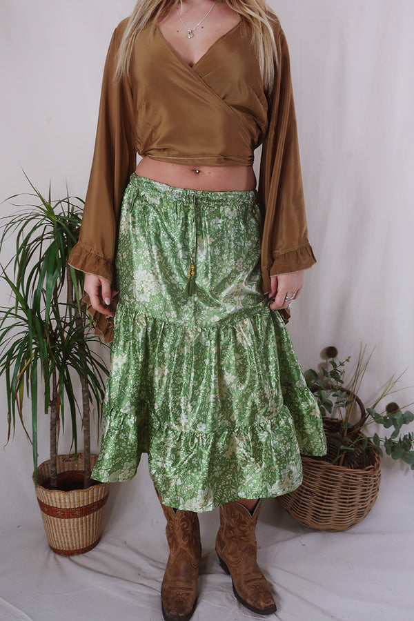 Rosie Midi Skirt - Vintage Indian Sari - Spring Green Delicate Floral - Free Size by All About Audrey