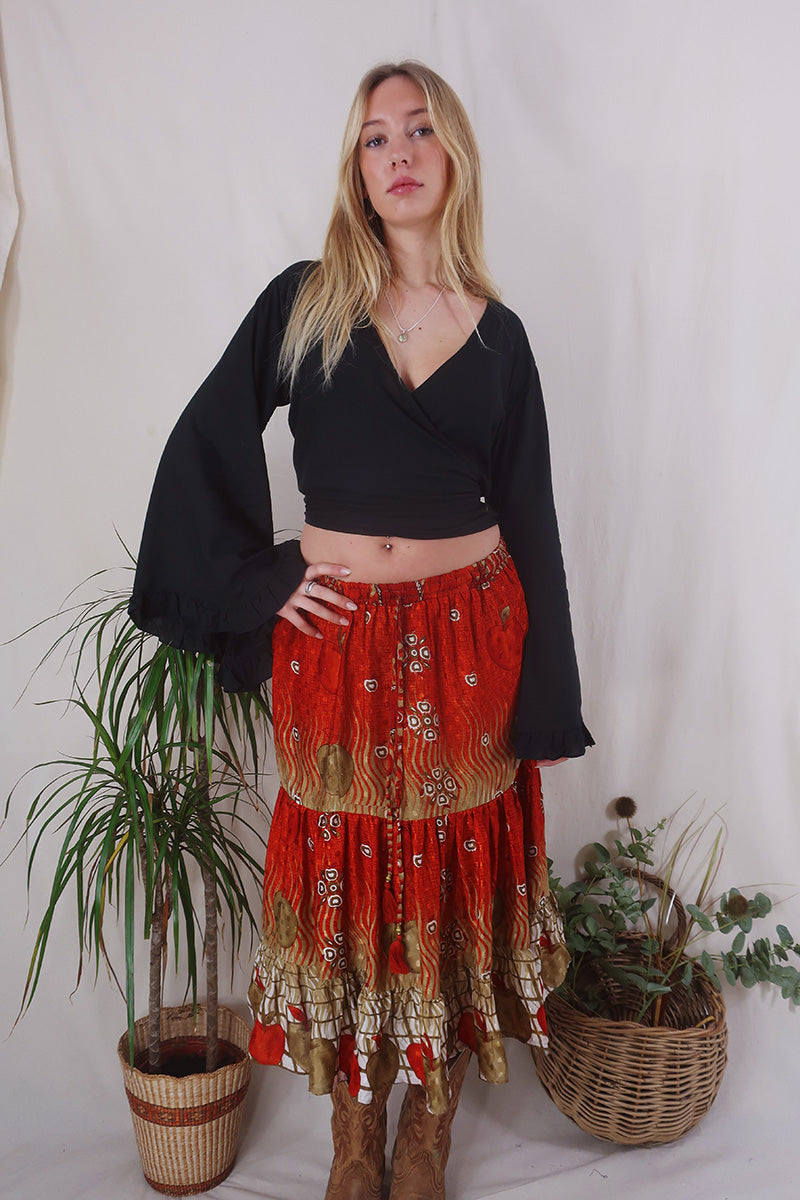 Rosie Midi Skirt - Vintage Indian Sari - Burnt Orange Apples - Free Size by All About Audrey