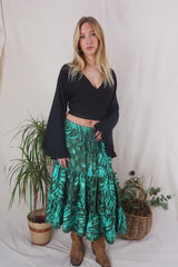 Rosie Midi Skirt - Vintage Indian Sari - Jade & Moss Floral - Free Size by All About About Audrey