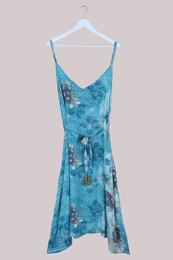 Jamie Dress - Indian Sari Slip Dress - Turquoise & Aqua Floral - Size M/L