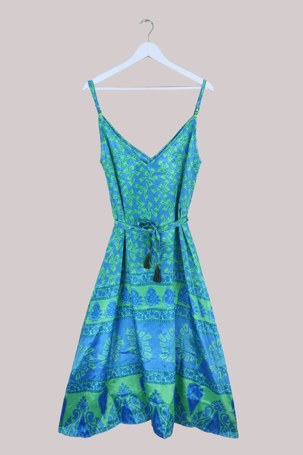 Jamie Dress - Indian Sari Slip Dress - Blue & Neon Green - Size S/M