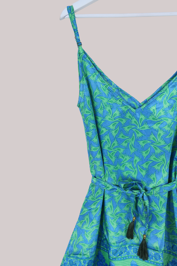 Jamie Dress - Indian Sari Slip Dress - Blue & Neon Green - Size S/M