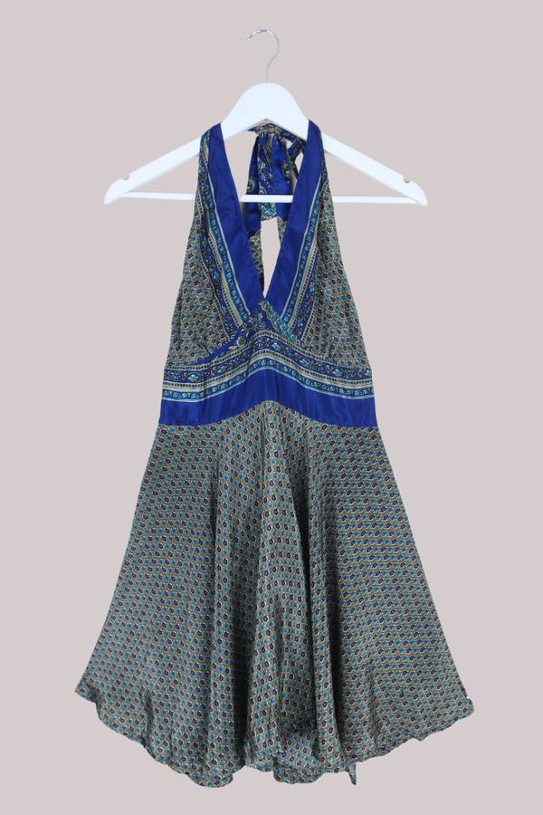 Sydney Mini Halter Dress - Fawn & Navy Vintage Indian Sari - XXS - S