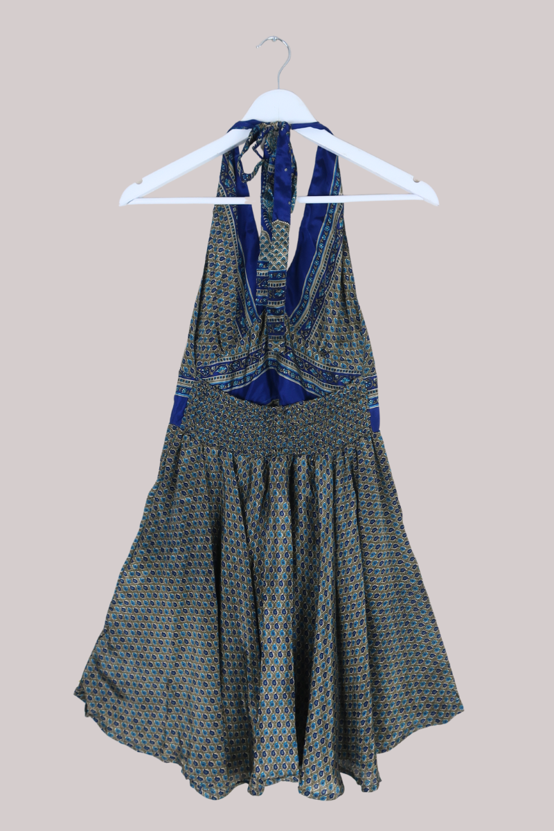 Sydney Mini Halter Dress - Fawn & Navy Vintage Indian Sari - XXS - S