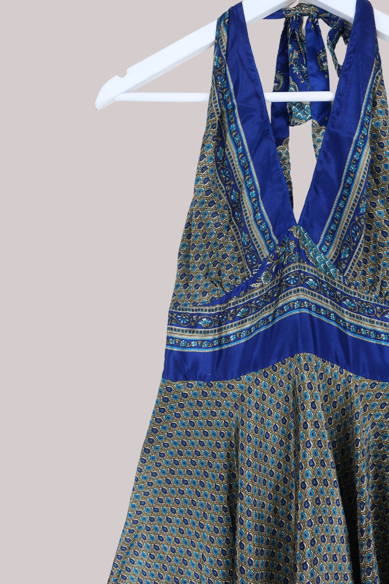Sydney Mini Halter Dress - Fawn & Navy Vintage Indian Sari - XXS - S