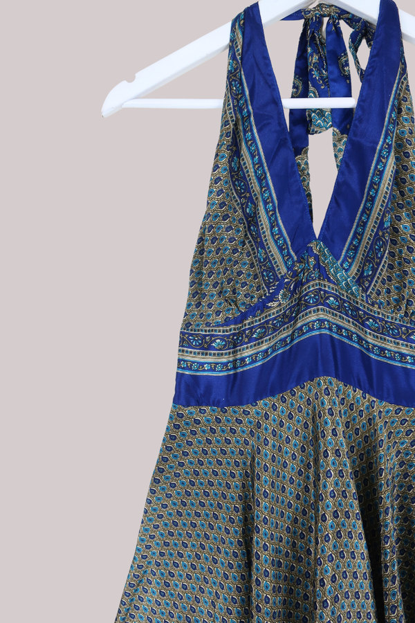 Sydney Mini Halter Dress - Fawn & Navy Vintage Indian Sari - XXS - S